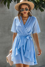 V Neck Ruffled Hem Wrap Dress