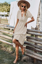 Women V Neck Short Sleeve Button Striped Ruffled Midi Shirt Dress