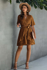 V Neck Ruffled Hem Wrap Dress
