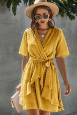 V Neck Ruffled Hem Wrap Dress