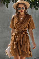 V Neck Ruffled Hem Wrap Dress