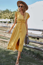 Women V Neck Ruffled Short Sleeve Solid Button Tie Waist Slit Midi Dress