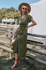 Women V Neck Ruffled Short Sleeve Solid Button Tie Waist Slit Midi Dress