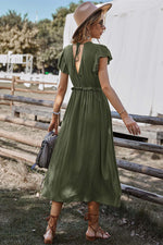 Women V Neck Ruffled Short Sleeve Solid Button Tie Waist Slit Midi Dress