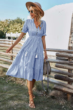Women V Neck Short Sleeve Button Striped Ruffled Midi Shirt Dress