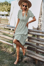 Women V Neck Short Sleeve Button Striped Ruffled Midi Shirt Dress