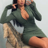 Women Zip Knitted Turtleneck Skinny Club Long Sleeve Rib Mini Dress Autumn Sexy Green Size M