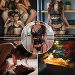 Women Sexy Garter Belt Lingerie,3 Piece Eyelash Mesh Lace Bra and G-string Panty Sets,Underwear Set with Adjustable Straps for Dating Valentine's Day Honeymoon Anniversary