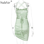 Nadafair Ruched Satin Mini Sexy Dress Woman Back Bandage Off Shoulder Silk Spaghetti Strap 2022 Summer Club Party