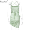 Nadafair Ruched Satin Mini Sexy Dress Woman Back Bandage Off Shoulder Silk Spaghetti Strap 2022 Summer Club Party