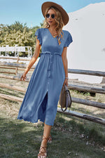 Women V Neck Ruffled Short Sleeve Solid Button Tie Waist Slit Midi Dress