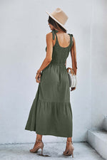 Square Neck Tie Straps Solid Maxi Dress