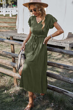 Women V Neck Ruffled Short Sleeve Solid Button Tie Waist Slit Midi Dress