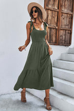 Square Neck Tie Straps Solid Maxi Dress