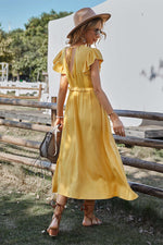 Women V Neck Ruffled Short Sleeve Solid Button Tie Waist Slit Midi Dress