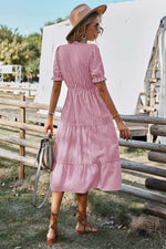 Women V Neck Short Sleeve Button Striped Ruffled Midi Shirt Dress