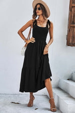 Square Neck Tie Straps Solid Maxi Dress