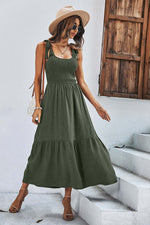 Square Neck Tie Straps Solid Maxi Dress