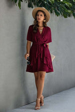 V Neck Ruffled Hem Wrap Dress