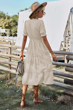 Women V Neck Short Sleeve Button Striped Ruffled Midi Shirt Dress