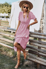 Women V Neck Short Sleeve Button Striped Ruffled Midi Shirt Dress