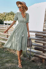 Women V Neck Short Sleeve Button Striped Ruffled Midi Shirt Dress