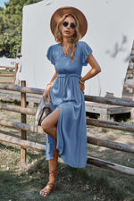 Women V Neck Ruffled Short Sleeve Solid Button Tie Waist Slit Midi Dress