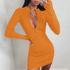 Women Zip Knitted Turtleneck Skinny Club Long Sleeve Rib Mini Dress Autumn Sexy Green Size M