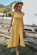 Women V Neck Ruffled Short Sleeve Solid Button Tie Waist Slit Midi Dress