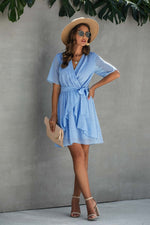 V Neck Ruffled Hem Wrap Dress