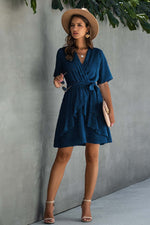 V Neck Ruffled Hem Wrap Dress