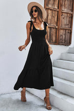 Square Neck Tie Straps Solid Maxi Dress