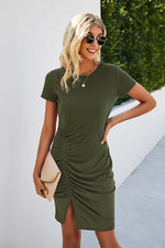 Crew Neck Short Sleeve Ruched Dress