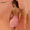 Liooil Sexy Ruched Bodycon Mini Dress Women 2022 Spaghetti Strap Sleeveless Backless Drawstring Khaki Party Tight Short Dresses