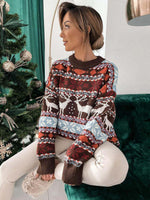 Women's Christmas Crew Neck Loose Jacquard Long Sleeve Sweater
