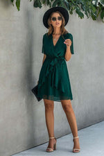 V Neck Ruffled Hem Wrap Dress
