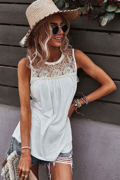 Crew Neck Lace Solid Loose Fit Top