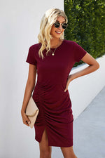 Crew Neck Short Sleeve Ruched Dress