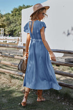 Women V Neck Ruffled Short Sleeve Solid Button Tie Waist Slit Midi Dress