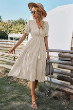 Women V Neck Short Sleeve Button Striped Ruffled Midi Shirt Dress