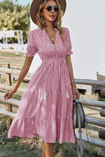 Women V Neck Short Sleeve Button Striped Ruffled Midi Shirt Dress