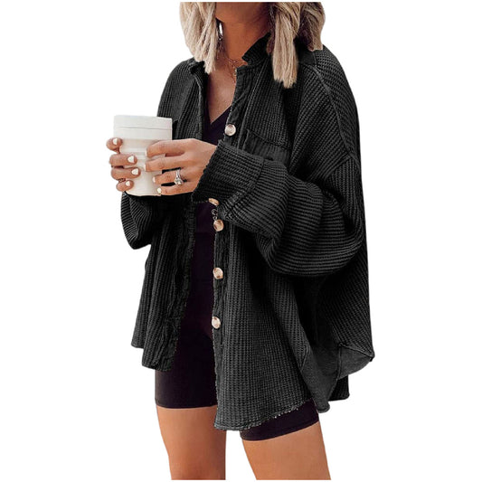 Womens Waffle Knit Shacket Boyfriend Jacket Long Sleeve Button Down Shirt Blouse Tops